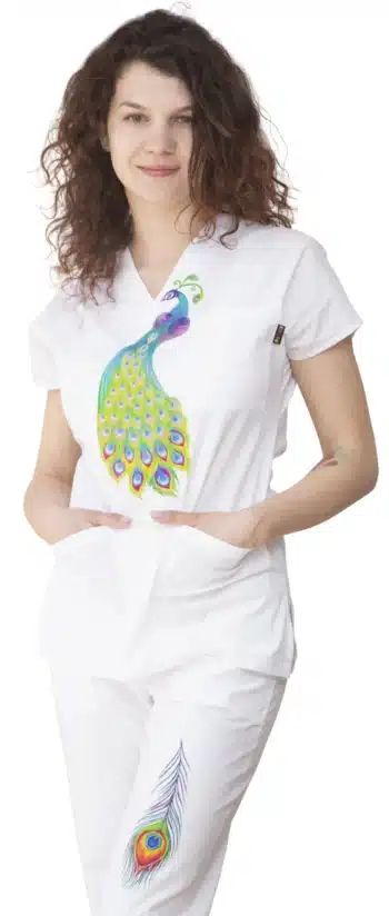 Дамска медицинска туника с печат паун